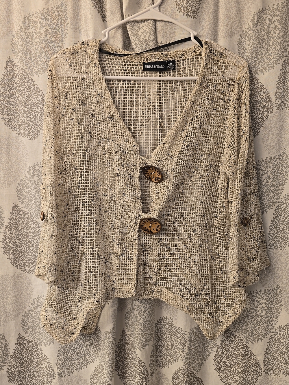 Nina Leonard Open Weave Button-Front Cardigan - Beige